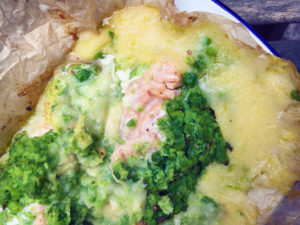 baked polenta with peas and salmon